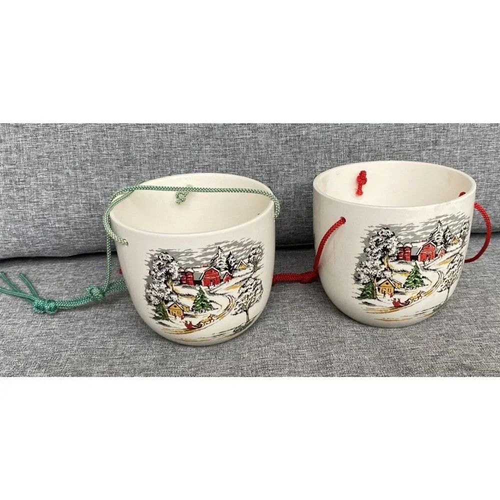 Vintage Ceramic Hanging Planter Christmas Country Sleigh Holly Berry Set of 2